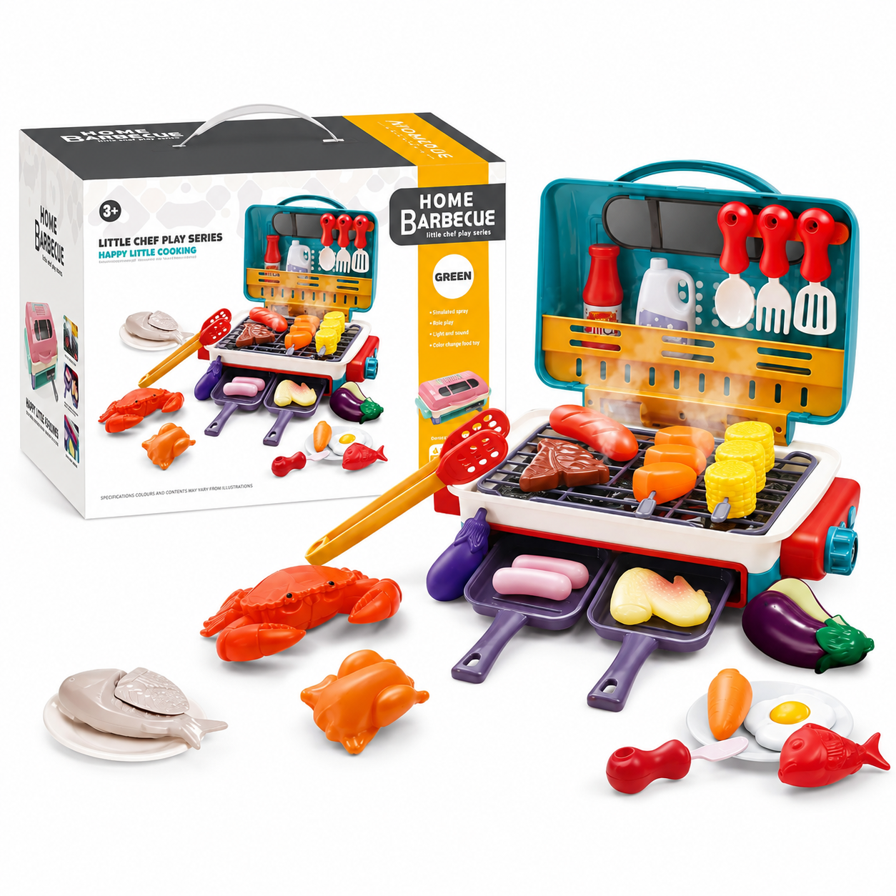 Kids BBQ grill toy set with steam, lights and play food