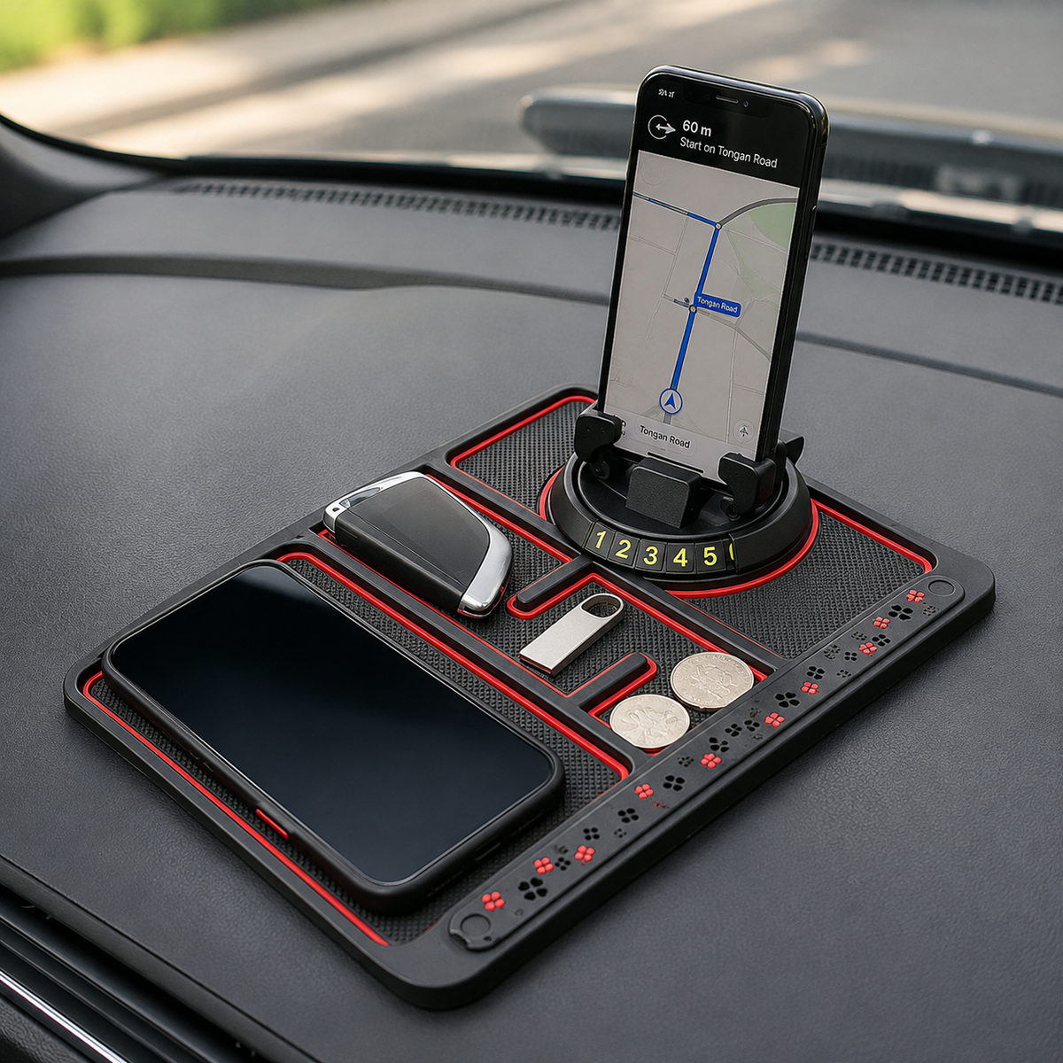 5-in-1 non-slip car dashboard phone holder and storage mat