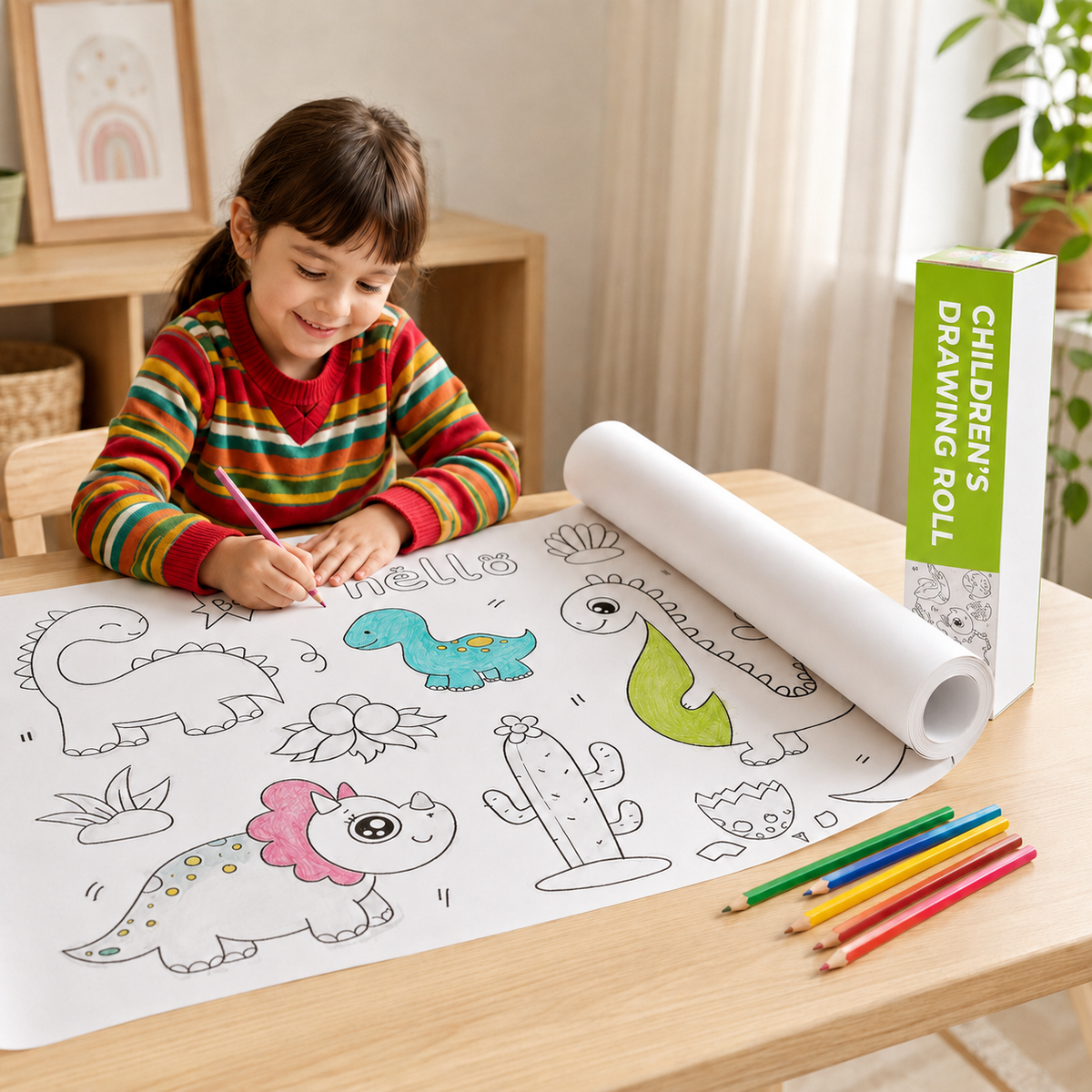 Three-metre children’s colouring roll with colouring pencils and creative accessories.