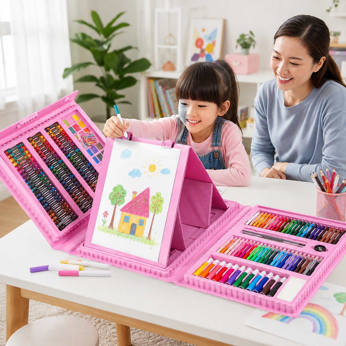 Portable 208-piece children’s art set with crayons, markers and a pop-up sketchpad.