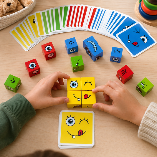 Colourful wooden face-expression blocks with matching challenge cards.