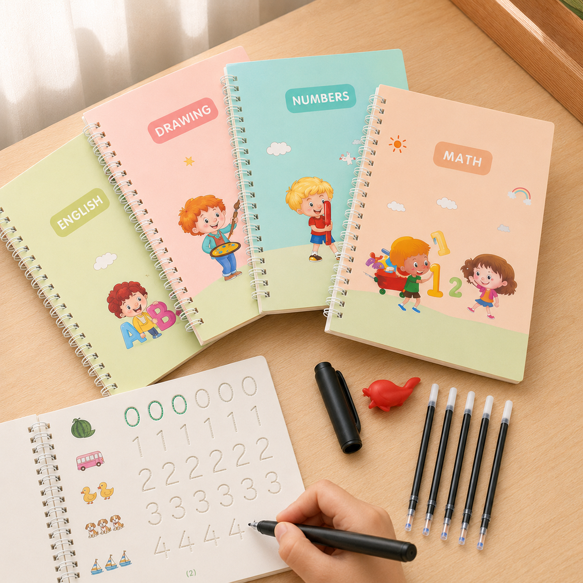 Four reusable handwriting practice books with disappearing-ink pen and refill accessories.