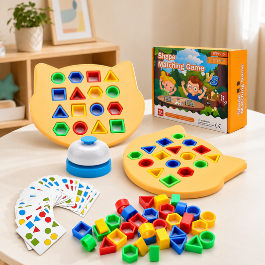 Colourful shape-matching game with geometric pieces and pattern activity cards.