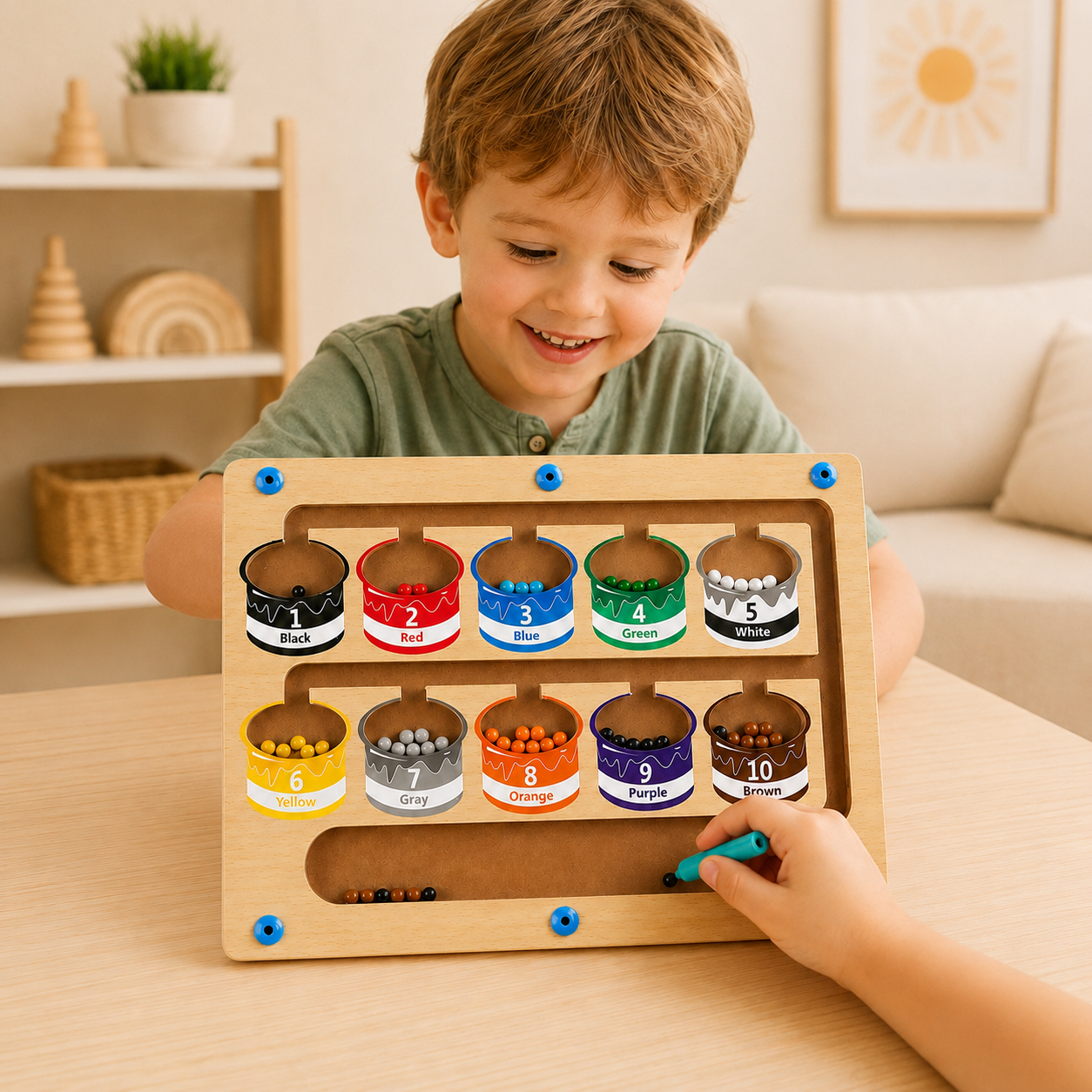 Wooden magnetic maze with colourful beads, numbered pots and an attached wand.