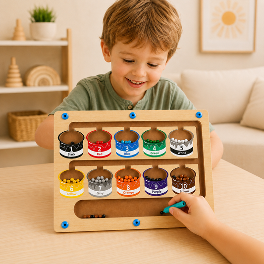 Wooden magnetic maze with colourful beads, numbered pots and an attached wand.